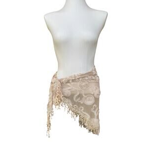 Summer & Rose Triangle Sheer Lace Shawl Beige 3D Rosette Floral Wrap with Fringe